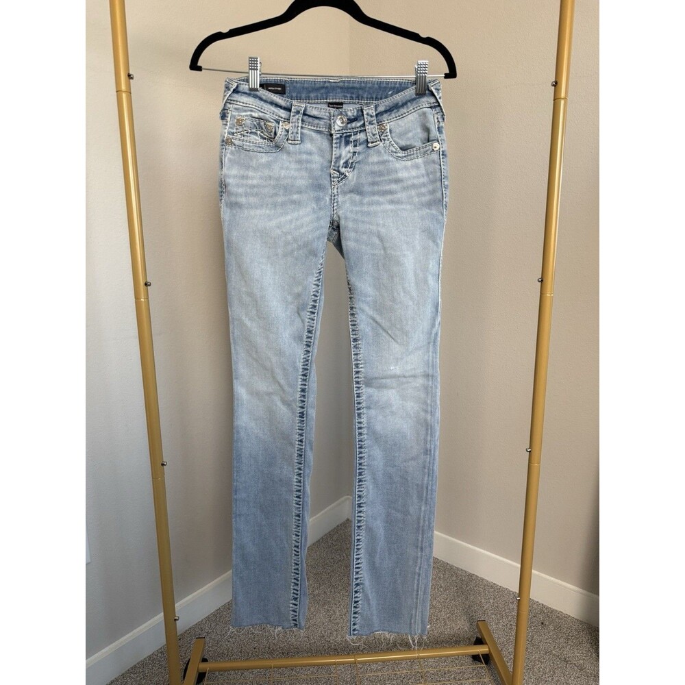 True Religion Billie Mid Rise Straight Jeans Light Wash Size 25 Raw Hem